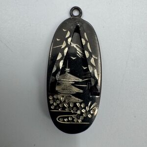 Amita Damascene Geta Pendant Black Sterling Silver Pagoda Inlay Vintage‎